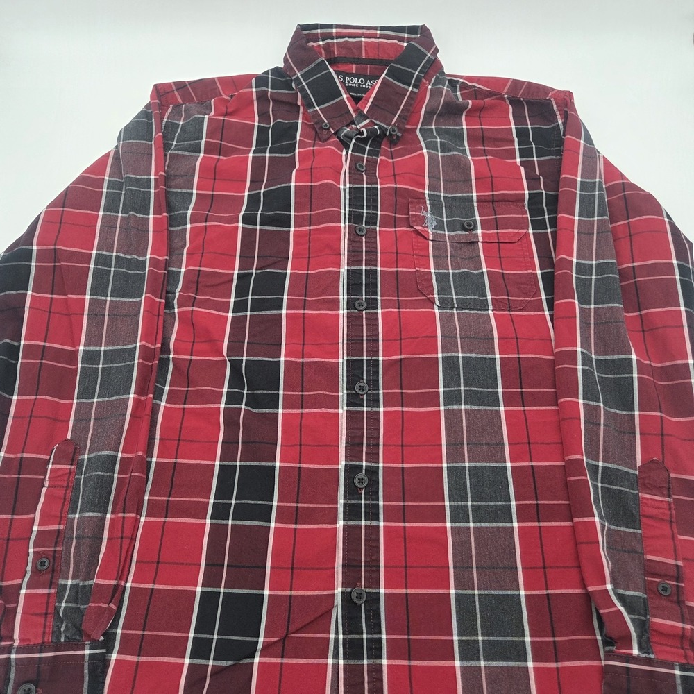 US Polo Assn Mens Long Sleeve Plaid Red Button Down Shirt Slim Fit Size L Pony